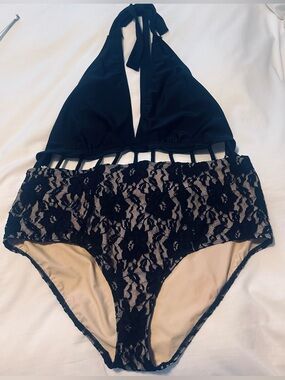 Ps I love you 2X Black Lace High-Waist Plunge Halter One piece Swimsuit Backless